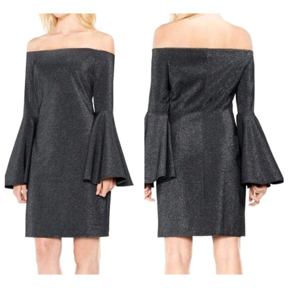 Vince Camuto Off-the-Shoulder Metallic Shimmer Bell Sleeves Dress Black PLUS 3X